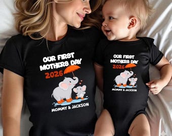 Custom First Mothers Day Elephant Shirt & Onesie Set – Mommy and Me Matching Outfits 2026