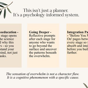 May include: A cream-colored graphic with text about a psychology-informed system. The text includes "Psychoeducation", "Going Deeper", and "Integration Pauses". Olive branch illustrations are in the corners. The text states that overwhelm is a cognitive phenomenon.