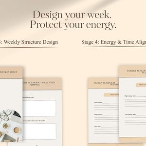 May include: A digital planner with the text "Design your week. Protect your energy." The planner pages are beige with headings like "Weekly Structure Design" and "Energy & Time Alignment."