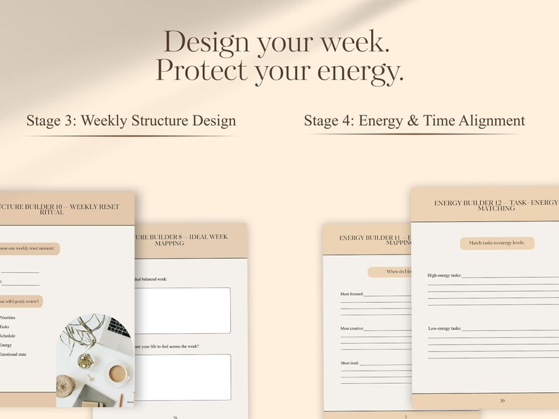 May include: A digital planner with the text "Design your week. Protect your energy." The planner pages are beige with headings like "Weekly Structure Design" and "Energy & Time Alignment."