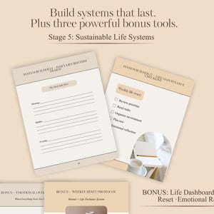 May include: Two beige-colored pages with text, part of a system builder, are displayed against a light beige background. The pages include prompts for daily and weekly life resets. The text "Build systems that last" is at the top.