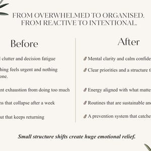 May include: A cream-colored graphic with the text "FROM OVERWHELMED TO ORGANISED. FROM REACTIVE TO INTENTIONAL." The text is divided into "Before" and "After" sections, listing contrasting states. Olive branch illustrations frame the text.