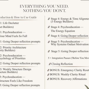 May include: A beige graphic with the text "EVERYTHING YOU NEED. NOTHING YOU DON'T." and a list of topics including "Life Declutter," "Psychoeducation," and "Energy & Time Alignment." The list is divided into stages and includes bonus sections.