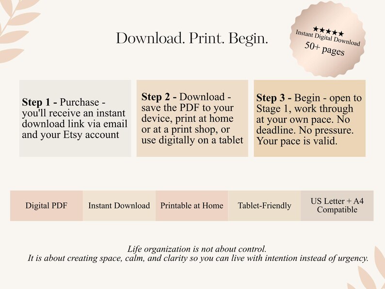 May include: A digital download graphic with instructions: Purchase, Download, and Begin. Includes a badge that says "Instant Digital Download 50+ pages". The text also says "Life organization is not about control."