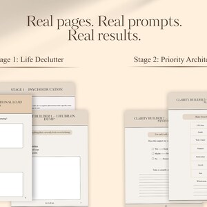 May include: A beige-toned image featuring open workbooks with prompts for life decluttering and priority architecture. Text includes "Real pages. Real prompts. Real results." and "Stage 1: Life Declutter" and "Stage 2: Priority Architecture."