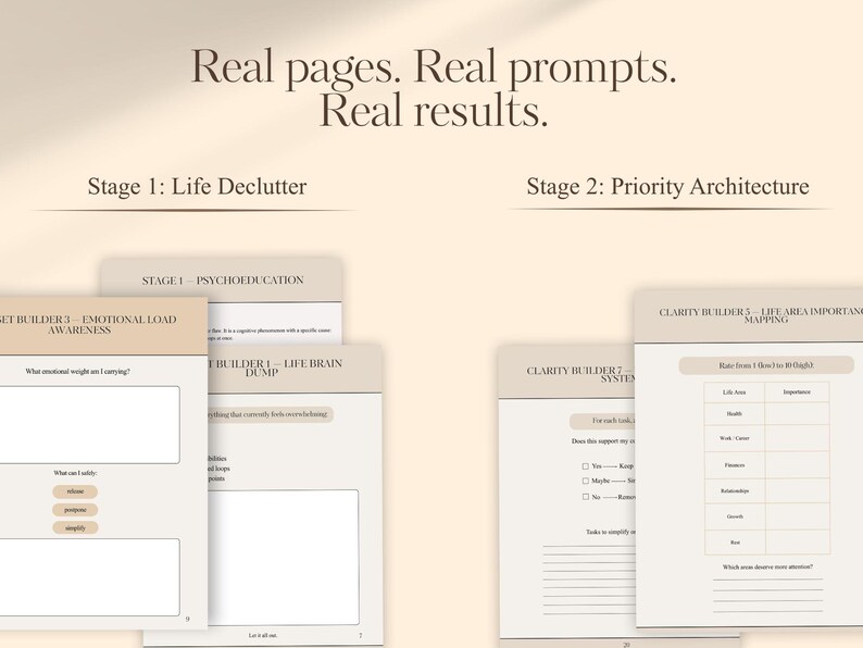May include: A beige-toned image featuring open workbooks with prompts for life decluttering and priority architecture. Text includes "Real pages. Real prompts. Real results." and "Stage 1: Life Declutter" and "Stage 2: Priority Architecture."