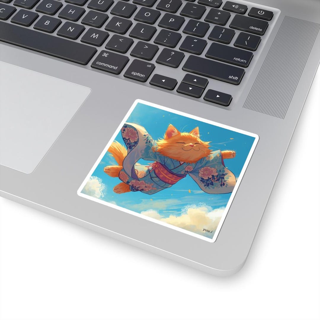 Laptop Sticker Flying Orange Cat in Kimono Sticker | Kiss-cut Vinyl ...