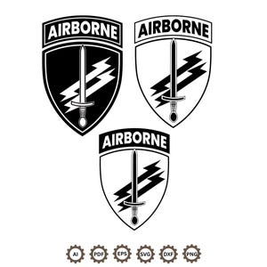 May include: Three shield-shaped emblems featuring the word AIRBORNE in a top banner, a vertical sword, and a triple lightning bolt graphic. The designs are presented in black and white variations, with six circular file format icons below.