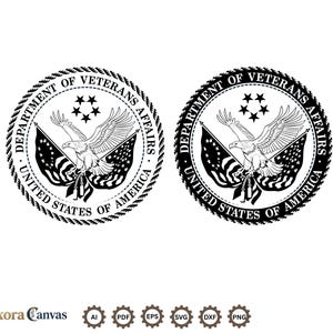 Op de afbeelding: Twee cirkelvormige zwart-witte emblemen van het Department of Veterans Affairs United States of America met een adelaar, sterren en vlaggen. Onder de emblemen staat de tekst The Pixora Canvas naast zes cirkelvormige bestandsformaatpictogrammen.
