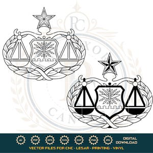 Könnte beinhalten: Zwei schwarz-weiße digitale Illustrationen eines Abzeichens im Militärstil mit einem zentralen Schild mit Blitzemblem, flankiert von Waagen, gekrönt von einem Stern und umrahmt von einem Lorbeerkranz. Enthält den Text AI, PDF, EPS, SVG, DXF, PNG, JPG.
