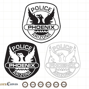 May include: Three variations of the Phoenix Police Department badge emblem in black and white. Each shield-shaped design features a central phoenix bird, the text POLICE, PHOENIX, and ARIZONA, and is presented in solid black, inverted, and outline styles.