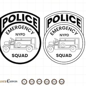 May include: Two black and white graphic emblems featuring the text POLICE, EMERGENCY, NYPD, and SQUAD. Each emblem displays a line art illustration of an emergency vehicle inside a circular border with a rectangular top section. The design is clean.