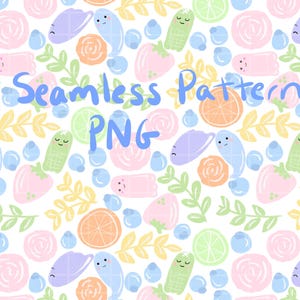 May include: A seamless pattern design featuring pastel-colored illustrations of fruits, leaves, and small smiling characters on a white background. The text Seamless Pattern PNG and lulabelle letter Co is written in blue across the image.