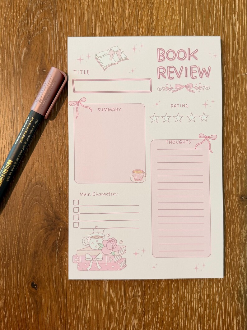 Coquette Pink Book Review Notepad, Cozy Reader Planner, Book Tracker ...
