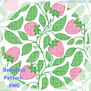May include: Seamless pattern featuring pink strawberries with green stems and leaves on a white background. The design includes the text "Seamless Pattern PNG" in blue. The strawberries have a textured appearance.