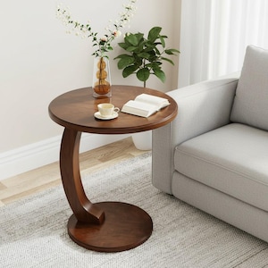 Farmhouse Wood C-Shaped End Table, Rustic Sofa Side Table, Compact Design