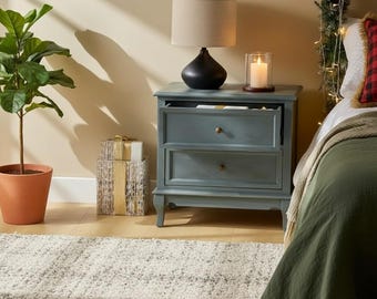Vintage Blue Solid Wood End Table with Charging Station and Drawers for Living Room