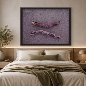 May include: A rectangular wall art piece featuring a photograph of two weathered, reddish-brown driftwood branches positioned horizontally against a textured, dark grey sandy background, all enclosed within a simple black frame.