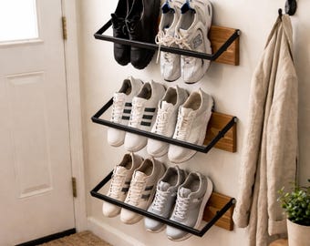 Zapatero de pared, organizador de zapatos que ahorra espacio, estante de zapatos de madera y metal, almacenamiento de zapatos moderno de estilo industrial para la entrada.