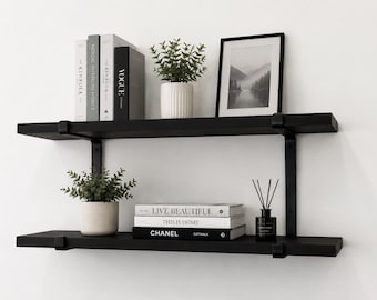 Solid Wood Floating Shelf Set of 2, Ash Wooden Wall Shelves, Modern Farmhouse Shelf, Metal Bracket Shelf, Rustic Bathroom Kitchen Decor