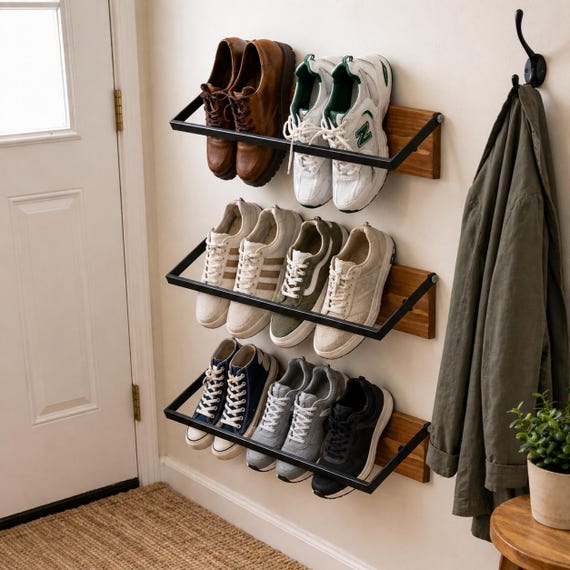 Wall Mounted Shoe Rack, Space Saving Shoe Organizer, Wooden & Metal Shoe Shelf, Entryway Modern Industrial Shoe Storage