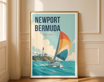 Plakat z regat Newport Bermuda | Sztuka żeglarska na ścianę | Wydruk z regatami | Dekoracje marynistyczne | Prezent żeglarski na Bermudy | Sztuka nadmorska | Archiwum sportowe