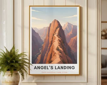 Plakat „Angels Landing” | Wydruk z Parku Narodowego Zion | Grafika ścienna do pieszych wędrówek | Plakat z podróży do Utah | Minimalistyczny wydruk z kanionem | Przygoda | Prezent dla wędrowca