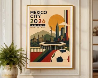 Plakat z okazji Święta Piłkarskiego w Meksyku 2026 | Retro grafika ścienna z motywem piłki nożnej | Plakat z motywem piłki nożnej w stylu vintage | Plakat podróżniczy z Meksyku | Dekoracja sportowa miasta-gospodarza