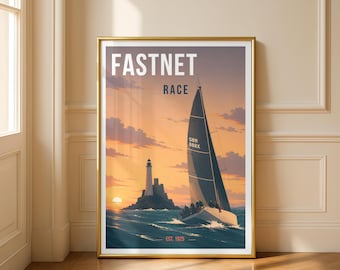 Plakat z wyścigiem Fastnet | Żeglarska grafika ścienna | Wydruk z wyścigu jachtów Fastnet Rock | Dekoracja w stylu marynistycznym | Prezent z wyścigów morskich