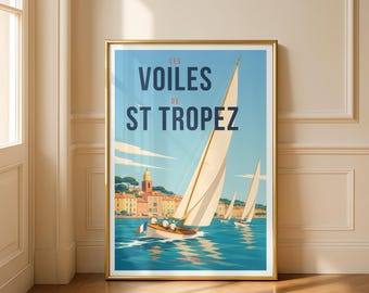 Plakat Les Voiles de Saint-Tropez | Klasyczny wydruk jachtu żeglarskiego | Sztuka ścienna Lazurowego Wybrzeża | Dekoracje marynistyczne | Prezent żeglarski | Archiwum sportowe