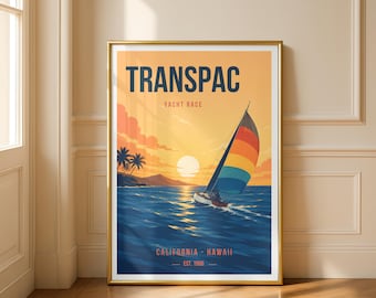 Plakat z regat Transpac | Reprodukcja żeglarska z Kalifornii na Hawaje | Grafika ścienna z regatami | Dekoracje marynistyczne | Prezent żeglarski | Sztuka Oceanu Spokojnego