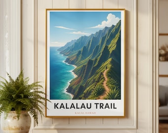 Plakat ze szlakiem Kalalau | Wydruk Kauai na Hawajach | Sztuka piesza | Minimalistyczny wydruk podróżniczy | Sztuka krajobrazowa Hawajów | Prezent dla wędrowca