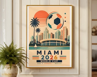 Plakat Miami 2026 | Retro grafika ścienna z piłką nożną | Vintage wydruk piłkarski | Dekoracja sportowa Miami | Plakat podróżniczy do miasta-gospodarza USA
