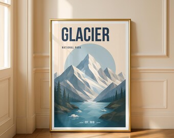 Impressão do Parque Nacional Glacier | Pôster minimalista de geleira | Arte de parede das montanhas de Montana | Decoração de parque nacional | Presente para trilheiros
