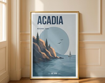 Pôster minimalista do Parque Nacional Acadia | Arte de parede costeira do Maine | Decoração de parque nacional | Presente para amantes de trilhas e natureza
