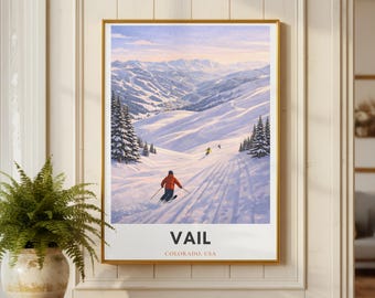 Plakat narciarski Vail | Druk narciarski w Kolorado | Sztuka ścienna Vail | Minimalistyczny wystrój narciarski | Plakat z podróżą w góry | Skandynawski zimowy wydruk | Prezent narciarski