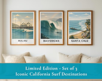 Zestaw plakatów z motywem surfingu w Kalifornii | Wydruki Malibu Mavericks Santa Cruz | Sztuka ścienna w stylu nadmorskim | Dekoracje retro z motywem surfingu | Zestaw 3 plakatów z motywem surfingu