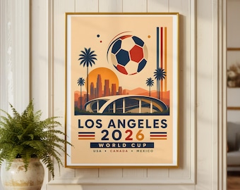 Plakat Los Angeles 2026 | Retro grafika ścienna z motywem futbolu | Wydruk z motywem piłki nożnej USA | Plakat z motywem miasta-gospodarza Mistrzostw Świata w stylu vintage | Wystrój sportowy w Los Angeles