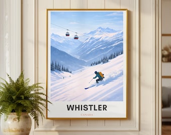 Plakat narciarski Whistler | Wydruk na nartach w Kanadzie | Grafika ścienna Whistler | Minimalistyczny wystrój narciarski | Plakat z podróży w góry | Prezent narciarski