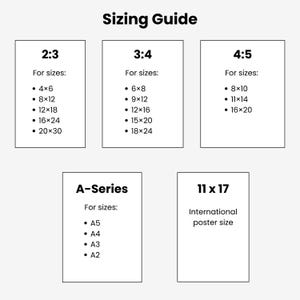 Pu&ograve; includere: Un grafico bianco con il testo "Sizing Guide" in alto. Sotto, diverse sezioni rettangolari con guide alle taglie per i formati 2:3, 3:4, 4:5, A-Series e 11 x 17, che elencano varie dimensioni di stampa in cm.