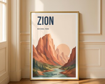Pôster minimalista do Parque Nacional de Zion | Arte de parede com tema de montanhas de Utah | Decoração de parque nacional | Presente para trilheiros
