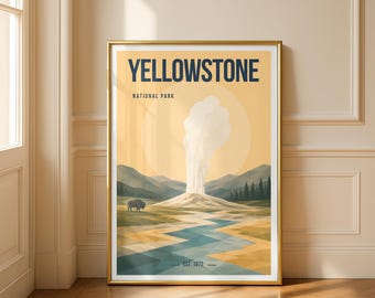 Impressão do Parque Nacional de Yellowstone | Pôster minimalista de Yellowstone | Arte de parede com o Old Faithful | Decoração inspirada na natureza do Wyoming | Presente para trilheiros