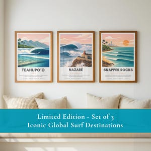 Surf Poster Set of 3 | Teahupo’o Nazaré Snapper Rocks | Minimalist Coastal Wall Art | Beach Decor Prints | Surfer Gift | Ocean Art