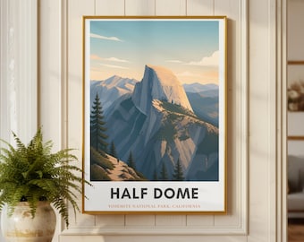 Plakat Half Dome | Wydruk z Parku Narodowego Yosemite | Sztuka piesza | Plakat podróżniczy do Kalifornii | Sztuka krajobrazowa | Prezent dla turysty