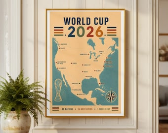 Plakat z mapą miast-gospodarzy Mistrzostw Świata 2026 | Retro grafika ścienna z motywem piłki nożnej | Mapa turnieju USA Kanada Meksyk | Retro wydruk podróżny z motywem piłki nożnej