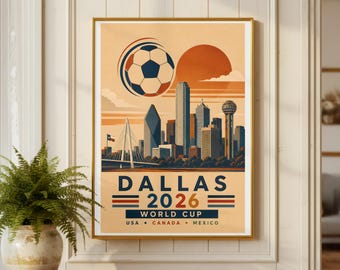 Plakat Dallas 2026 | Retro grafika ścienna do futbolu | Vintage wydruk piłkarski | Dekoracje sportowe w Teksasie | Plakat podróżniczy do miasta-gospodarza USA