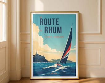 Plakat Route du Rhum | Sztuka żeglarska | Wydruk z Saint Malo do Gwadelupy | Plakat z regat | Dekoracje żeglarskie | Prezent żeglarski