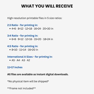Pu&ograve; includere: Testo bianco su sfondo chiaro che recita &laquo;COSA RICEVERAI&raquo;. Il testo descrive file stampabili ad alta risoluzione in vari formati, tra cui 10x15cm, 20x30cm, 28x43cm e formati A5, A4, A3, A2. Indica inoltre che nessun articolo fisico verr&agrave; spedito.
