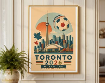 Plakat Toronto 2026 | Retro grafika ścienna z motywem piłki nożnej | Vintage wydruk piłkarski | Wystrój sportowy Kanady | Plakat podróżniczy z panoramą Toronto