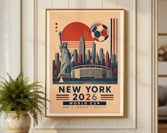 Plakat Nowy Jork 2026 | Retro grafika ścienna z motywem futbolu | Vintage wydruk piłkarski | Wystrój sportowy Nowego Jorku | Plakat podróżniczy do miasta-gospodarza USA